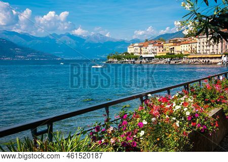 Beautiful Coast Of Lake Como In Summer With Flowers, Famous Tourism Destination