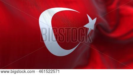 Close-up View Of The Turkey National Flag Waving In The Wind. Turkey Is A Transcontinental Country L