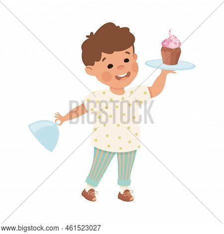 Little Boy Chef Holding Tray With Served Cupcake Vector Illustration