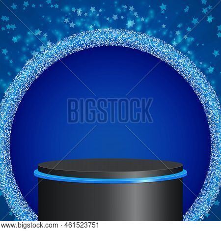 Abstract Vector Blue Shining Background Illustration With Sparkle Round Banner, Stars And Black Podi