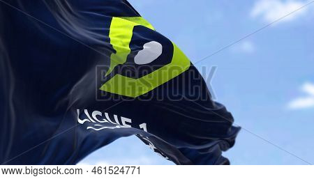 Paris, Fra, July 2022: Ligue 1 Flag Waving In The Wind. Ligue 1 Is A French Professional League For 