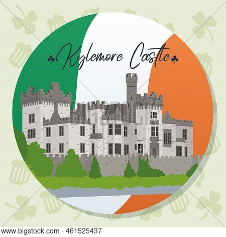 Colored Irish Sticker With Kylemore Castle Landmark Vector Illustration
