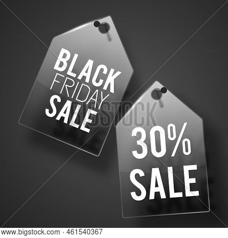 Two Black Friday Sale Tag Set On Wall With Shadows And White Texts Vector Illustration