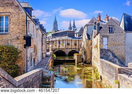 Bayeux, Normandy In Northwestern France. The Historic Centre, The Notre Dame Cathedral And The Aure 