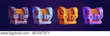 Treasure Chests, Game Trunks, Wooden Boxes With Iron, Silver, Gold And Platinum Forgery. Trophy, Mag