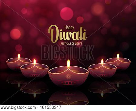 Design With Red Mosaic. Diwali Day Lamps. Indian Festival Of Lights Of Goddess Deepavali.