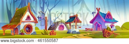 Forest Village Or Dwarves Valley With Fairytale Houses. Cute Buildings And Stuff Of Elf, Gnome Or Dw