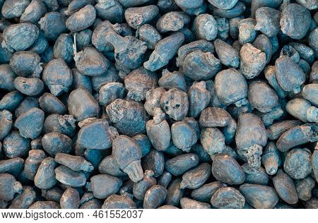 Top View Of Phobi Nut Or Semecarpus Anacardium Heap, Also Known As Marking Nut In Horizontal Orienta