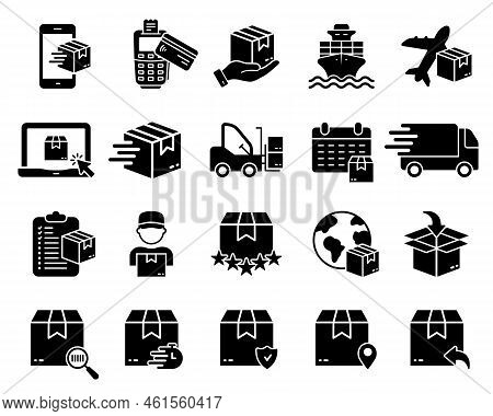 Order Package Cargo Shipment Silhouette Icon Set. Shipping Transportation Cardboard Parcel Box Glyph