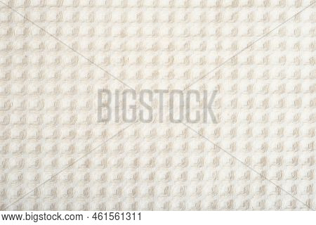 Close Up View Of Textured Cotton Fabric. Unbleached Linen Textile, Square Pattern