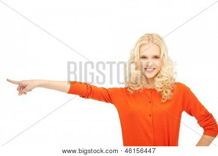 picture of smiling girl pointing her finger sideways