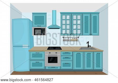Kitchen Interior. Kitchen With Furniture, Cupboard, Fridge, Stove, Sink, Microwave, Shelf And Range 