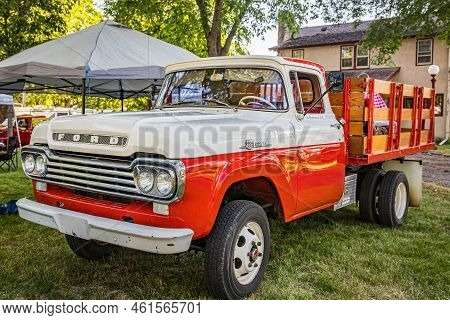 Falcon Heights, Mn - June 18, 2022: High Perspective Front Corner View Of A 1959 Ford F250 Pickup Tr