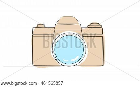 Single Line Drawing Of Single-lens Reflex Camera Isolated On White Background, Line Art Vector Illus