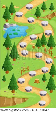 Game Map Forest Gui Background, Template In Cartoon Style, Casual Isometric View. Decorated With Sto