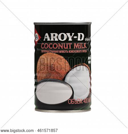 Moscow, Russia - September 14, 2022: A Can Of Coconut Milk Of The Aroy-d Trademark Of The Indonesian