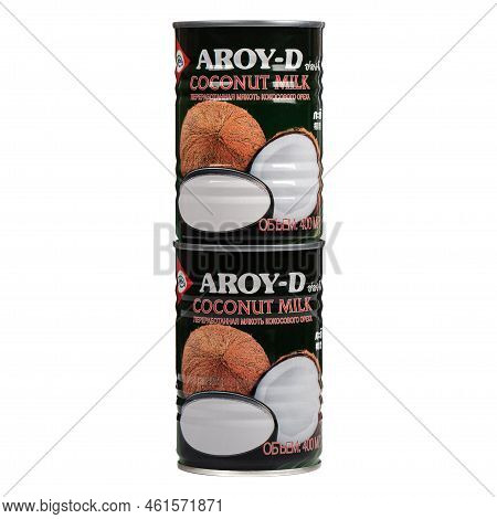 Moscow, Russia - September 14, 2022: Two Cans Of Aroy-d Trade Mark Coconut Milk From The Indonesian 