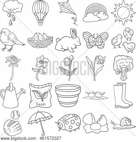 Spring Hand Drawn Doodle Line Art Outline Set Containing Kite, Butterfly, Rabbit, Baseball, Chicks, 