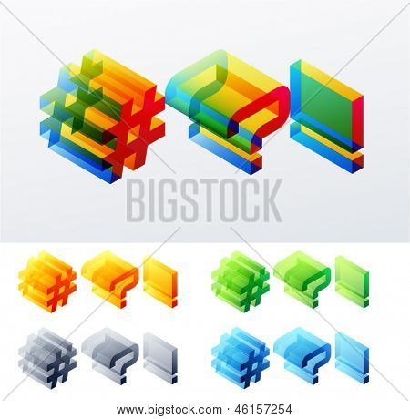 Illustrazione vettoriale di testo colorato in vista assonometrica. Caratteri monospazio in stile cubo. SIMBOLI 2