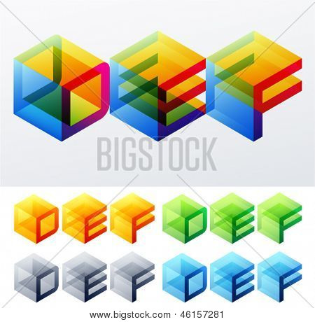 Illustrazione vettoriale di testo colorato in vista assonometrica. Caratteri monospazio in stile cubo. D E F