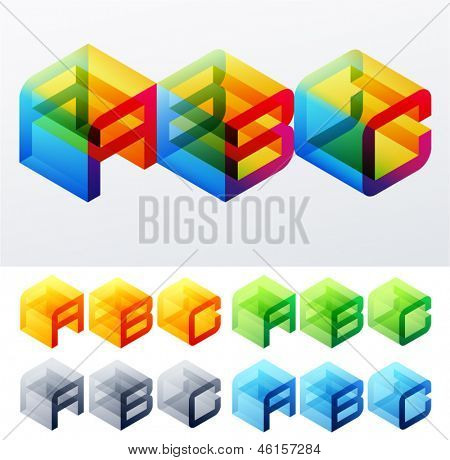 Illustrazione vettoriale di testo colorato in vista assonometrica. Caratteri monospazio in stile cubo. A B C