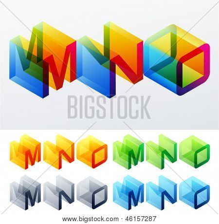 Illustrazione vettoriale di testo colorato in vista assonometrica. Caratteri monospazio in stile cubo. M N O