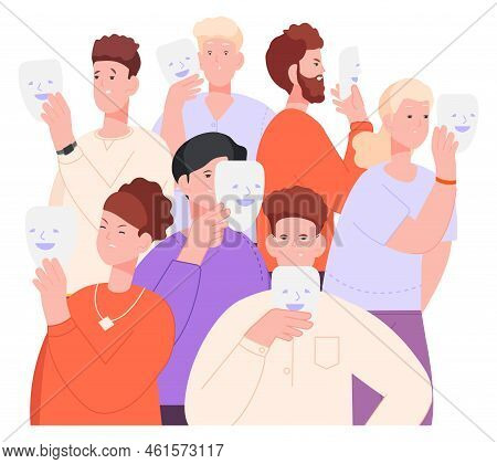 Angry People With Happy Face Masks. Emotion Disquise. Social Hypocrisy Isolated On White Background