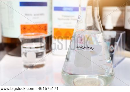 Acetonitrile In Glass, Chemical In The Laboratory And Industry