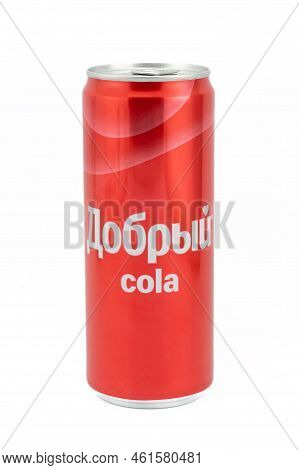 Krasnoyarsk, Russia - 15 September, 2022: Red Can Of Fake Coca Cola Under The Russian Brand Dobry. C