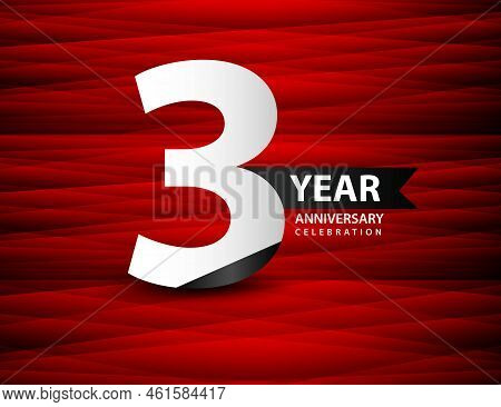 3 Year Anniversary Celebration Logo Vector On Red Background, 3 Number Design, 3rd Birthday Logo, Lo
