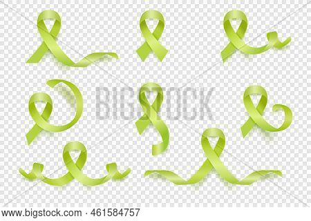 Vector 3d Realistic Lime Ribbon Set. Lymphoma Cancer Awareness Symbol Closeup. Cancer Ribbon Templat