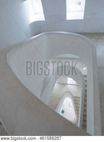 Lisbon, Portugal, October 24, 2021: High Angle View Of White Spiral Staircase Of Elevador De Santa L