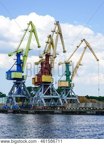 Bulk Cargo Terminal In Port With Many Shore Cranes And Piles Of Coal And Wood Chips