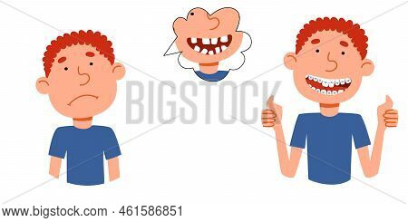 Concept Of An Illustration On The Topic Of Correcting A Smile. The Boy S Character Gets Upset Becaus