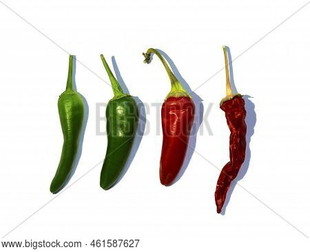 Different Stages Of Pepper Ripening. Top View Photo Of Chili Peppers With Shadows Isolated On White 