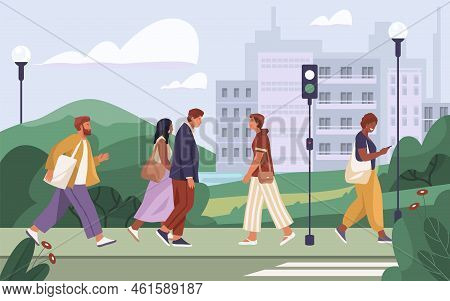 Cityscape View Or Urban Landscape, Vector Banner Or Background. Citizens Or Townsfolk Walking On A S