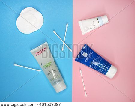 Kyiv, Ukraine - 27 August 2022: Skin Care Products Flat Lay Cosmetic Brands. La Roche Posay, Topicre