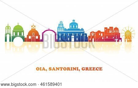 Colourfull Skyline Panorama Of Village Of Oia, Santorini, Cyclades Islands, Greece - Vector Illustra