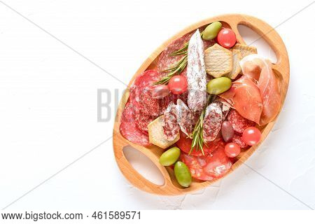 Traditional Italian Food - Antipasti. Charcuterie Board With Different Types Of Sausages - Salami, B