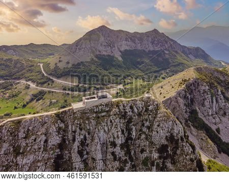 Montenegro. Lovcen National Park. Mausoleum Of Negosh On Mount Lovcen. Drone. Aerial View. Viewpoint