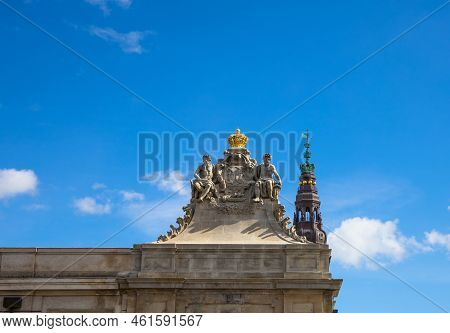 Danish Parliament Folketinget. Architectural Fragment Of The Christiansborg Palace In Copenhagen. Da