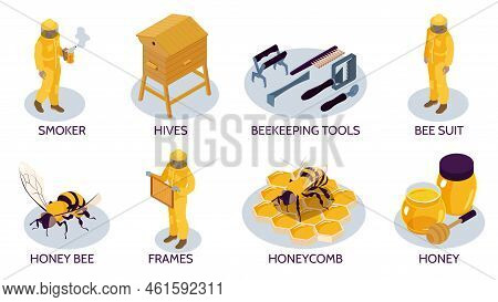 Beekeeping Isometric Isolated Compositions Set With Honey Bee Hives Beekeepers In Protective Suits U