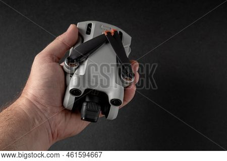 Antalya, Turkey - September 15, 2022: Mini 3 Pro Drone Of Dji Brand With Vertical Camera On Dark Bac