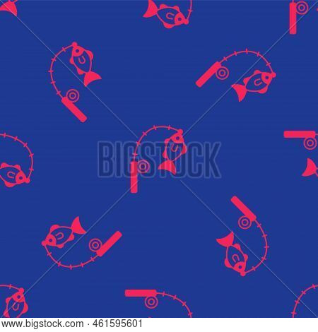 Red Fishing Rod And Fish Icon Isolated Seamless Pattern On Blue Background. Fishing Equipment And Fi