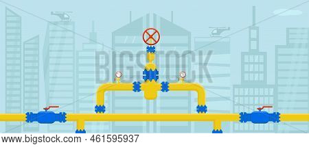 Gas Pipeline Construction With City Skyscraper Background. Vector Stock Illustration Isolated On Bac