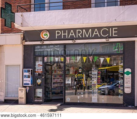 Europe, France, Dunkerque - July 9, 2022: Closeup Of Pharmacy Shop On Boulevard Alexandre Iii. Merch