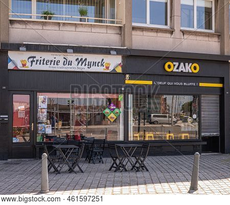 Europe, France, Dunkerque - July 9, 2022: Friterie Du Mynck And Ozako Japanese Restaurant Black Faca