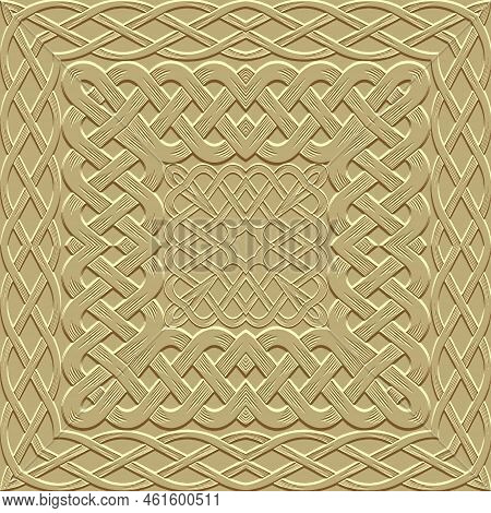 Textured Emboss 3d Celtic Seamless Pattern. Square Frame, Border. Grunge Embossed Light Vector Backg