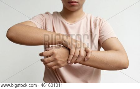 Woman Hand Massage Physiotherapy Wrist Is Sore And Numb, Exhausted, Tingling. Guillain-barre Syndrom
