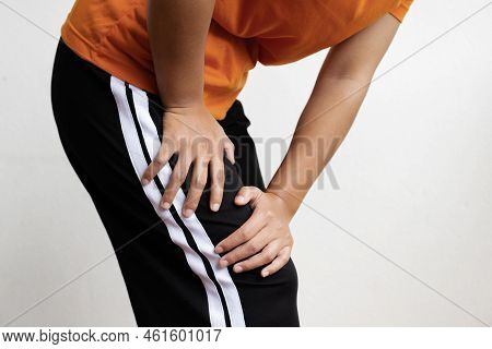 Woman Hand Massage Physiotherapy Her Knee Is Sore And Numb, Exhausted, Tingling. Guillain-barre Synd